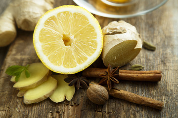 Lemon and ginger root on the desk