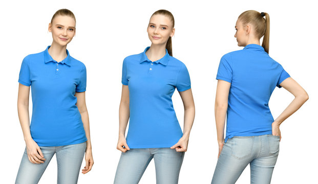 Set Promo Pose Girl In Blank Blue Polo Shirt Mockup Design For Print And Concept Template Young Woman In T-shirt Front And Side Back View Isolated White Background