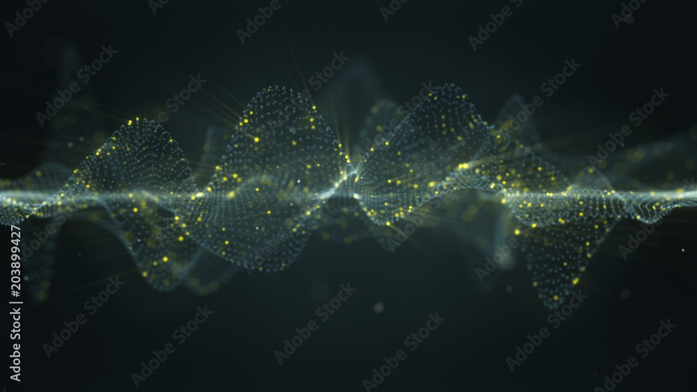 Poster futuristic glowing wavy surface 3d rendering with dof