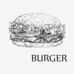Hamburger. Hand drawn vector llustration. Vintage fast food background