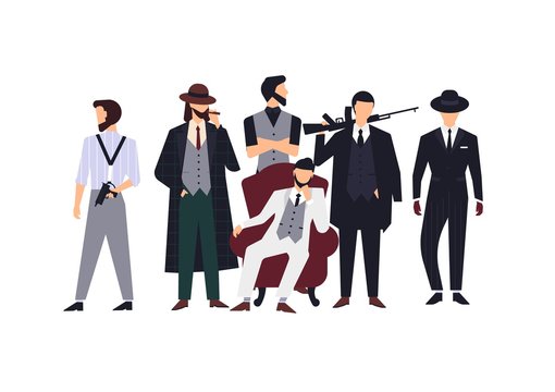 Group of mafia members or mafiosi dressed in elegant retro clothes or formal suits and holding fire guns. Flat male cartoon characters isolated on white background. Colorful vector illustration.