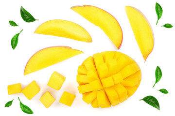half of Mango fruit decorated with leaves isolated on white background close-up. Top view. Flat lay