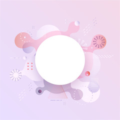 Pastel gradient banner with fluid color abstract shapes and bubbles with big white circle and copy space on it. Modern vector illustration for poster or presentation.