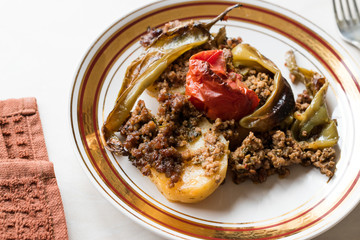 Turkish Food Baked Potato Casserole with Minced Meat Tomatoes and Green Pepper / Kiymali Patates