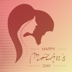 Vector Happy Mother's Day. Greeting card with woman silhouette and baby silhouette in the heart. Decoration text and dotted design.