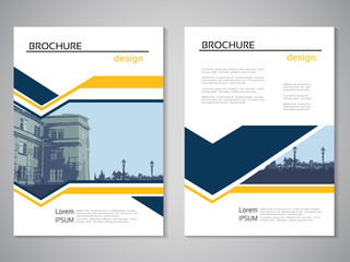 Vector modern brochure, abstract flyer with background of buildings. City scene. Layout template. For A4 size. Poster of blue, yellow and white color. Magazine cover.