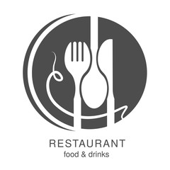 Vector knife, fork, spoon with spaghetti. Circular symbol for a restaurant menu marking a smiling human face, smiley.