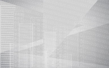 Vector white grey city background with buildings. City scene. Big skyscrapers panorama with binary code. Technology design.