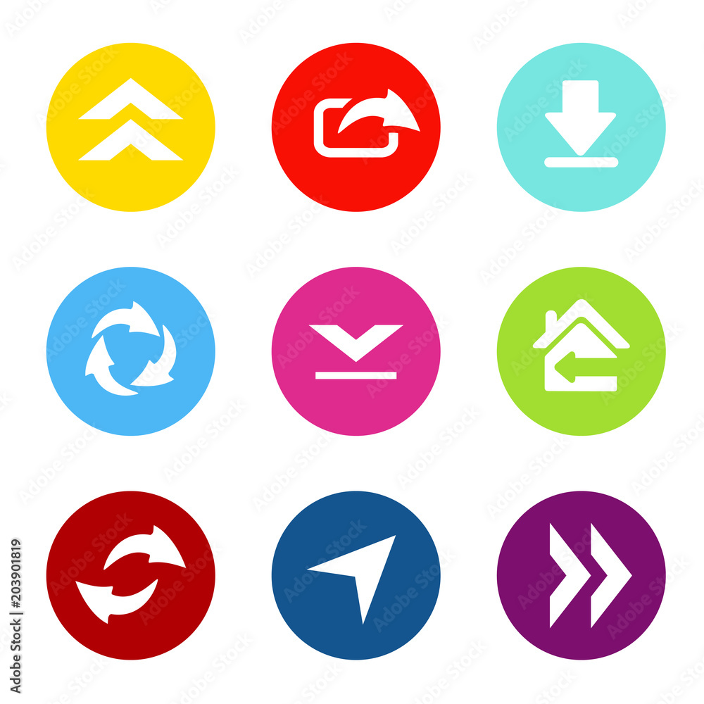 Poster vector set of shared arrows with circle button. communication icons of download, upload, share for m