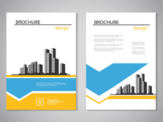 Vector modern brochure, abstract flyer with background of buildings. City scene. Layout template. For A4 size. Poster of blue, yellow and white color. Magazine cover.