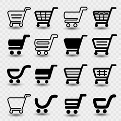 Vector simple shopping cart, trolley with shadow on transparent background, item, button