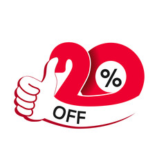 Vector special sale offer. Red tag with best choice. Discount offer price label with hand gesture. Sticker of 20 off.