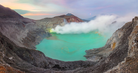 Panoramic landscape  of Kawah Ijen at Sunrise, Java, Indonesia
