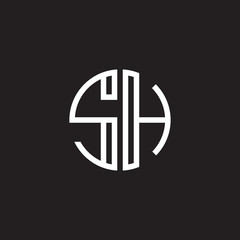 Initial letter SH, minimalist line art monogram circle shape logo, white color on black background