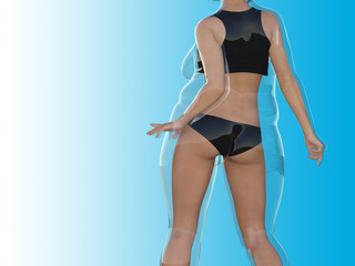 Conceptual fat overweight obese female vs slim fit healthy body after weight loss or diet with muscles thin young woman on blue. A fitness, nutrition or fatness obesity, health shape 3D illustration