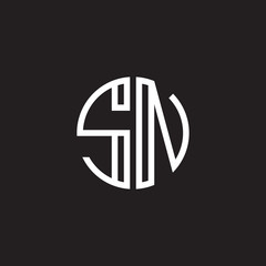 Initial letter SN, minimalist line art monogram circle shape logo, white color on black background