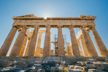 Downview from Parthenon temple in Restoration Project . Acropolis in Athens, Greece
