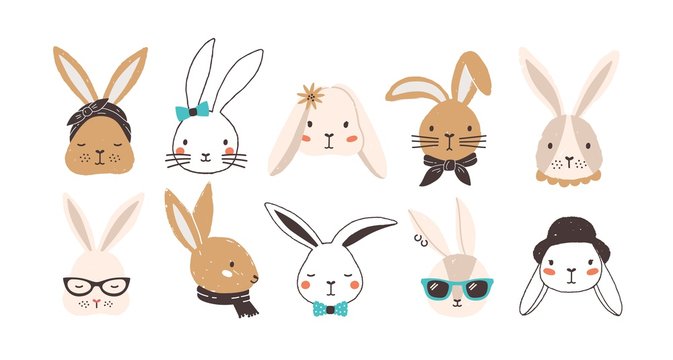 Bundle of funny bunny faces isolated on white background. Set of cute rabbits or hares wearing glasses, sunglasses, hat, scarf, headscarf, bow tie, collar. Flat cartoon colorful vector illustration.