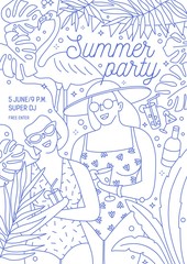 Fototapeta na wymiar Flyer, invitation or poster template for summer party with smiling women in swimwear holding fresh tropical drinks drawn with contour lines on white background. Monochrome vector illustration.