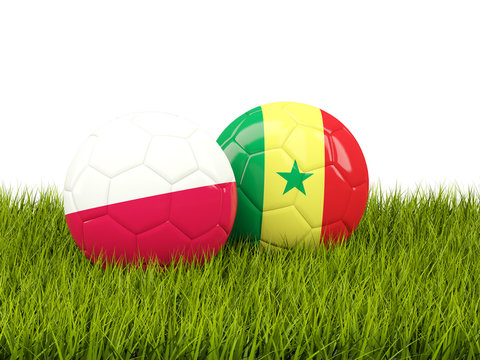 Poland vs Senegal. Soccer concept. Footballs with flags on green grass