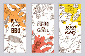 BBQ and grill banners with sketch objects. Hand drawn barbecue elements around decorative text. BBQ party. Grill time.