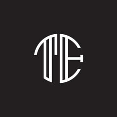Initial letter TE, minimalist line art monogram circle shape logo, white color on black background