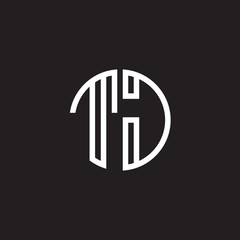 Initial letter TJ, minimalist line art monogram circle shape logo, white color on black background