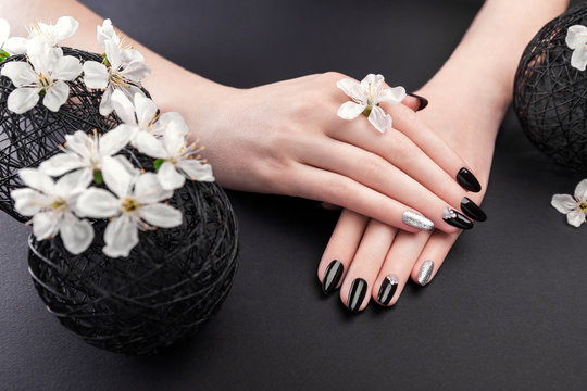 Black and silver manicure with cherry blossom on black background. Woman with black nails surrounded with white flowers