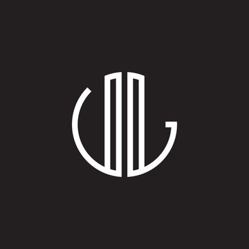 Initial letter UL, VL, minimalist line art monogram circle shape logo, white color on black background