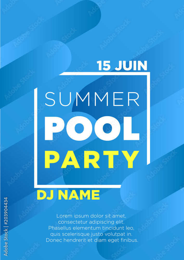 Poster vertical blue pool party background with graphic elements and text.
