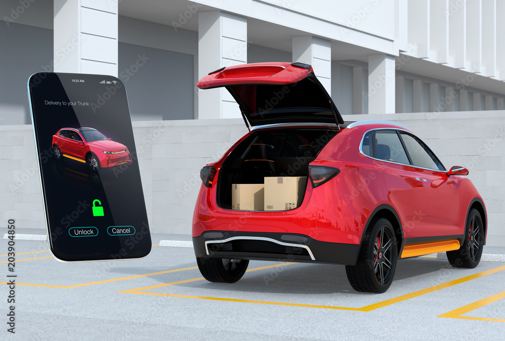 Poster red suv in parking lot with opened trunk, cardboard boxes inside. smartphone app for unlock the car 