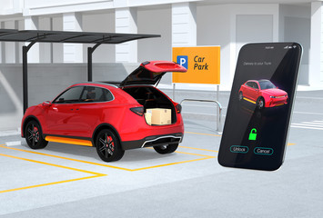 Red SUV in parking lot with opened trunk, cardboard boxes inside. Smartphone app for unlock the car trunk. Concept for car trunk delivery service. 3D rendering image.