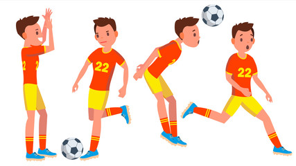 Soccer Male Player Vector. Playing In Different Poses. Summer Activity. Pass. Ball. Man Athlete. Isolated On White Cartoon Character Illustration