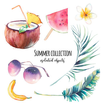 Watercolor summer set. Hand drawn collection of vacation icons: coconut milk, watermelon, fashion sunglasses, banana, palm leaves and tropical flower. Elements isolated on white background