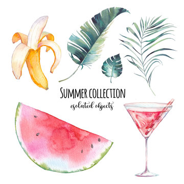 Watercolor summer set. Hand drawn collection of vacation icons: cocktail, watermelon slice, banana, palm leaves and monstera leaf. Elements isolated on white background