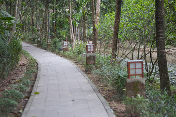 Stone path for walks in the park along the canal with lighting lanterns