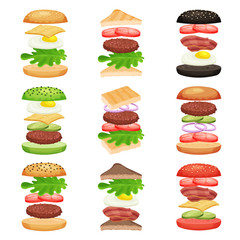 Set of burgers and sandwiches with flying ingredients. Tasty fast food. Delicious snack. Flat vector design for mobile app or cafe menu
