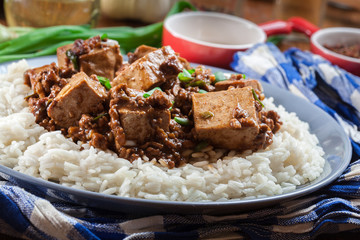 Mapo Tofu - sichuan spicy dish served with rice