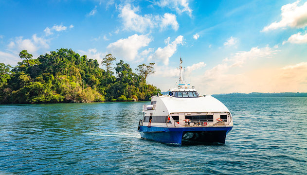 Luxury Cruise Ship With Tourists At Sea On Way To Havelock Islands Andaman, India.