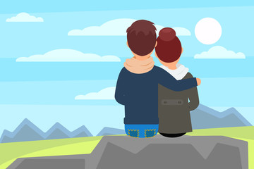 Young couple sitting on stone rock and enjoying beautiful nature landscape with mountains. Outdoor recreation. Back view. Flat vector