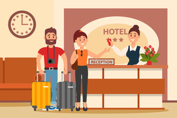 Young couple at hotel reception. Clerk standing behind desk and extending hand with key card. Lobby interior. Flat vector design
