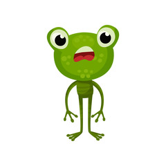 Cartoon character of frog with shocked face expression. Green amphibian animal with big head. Flat vector design for children book