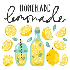 Summer set with lemonade and it's ingredients. Lemon, lemon slice, mint and hand written text.