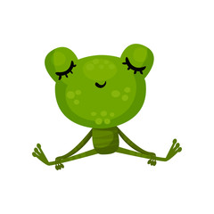 Calm frog sitting with closed eyes. Cartoon character of cute green toad. Relaxing and meditation. Flat vector design for children book