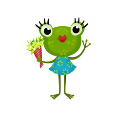 Cute girl frog standing with bouquet of flowers. Humanized toad with red lips and long eyelashes wearing blue dress. Flat vector icon