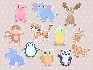 Cute animal stickers vector set. Flat design.
