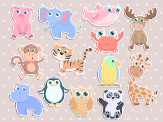 Cute animal stickers vector set. Flat design.