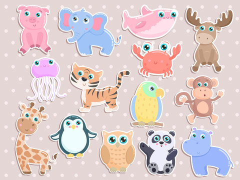 Cute animal stickers vector set. Flat design.