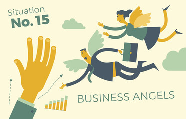 Business infographics, business situations.  Business angel. Man and woman angels with wings flying to the rescue. Investor, sponsor finances new projects.  Vector illustration of flat design. 