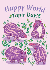 Tapirs greeting card. Pink tapirs with light stripes in the leafs. Vector illustration